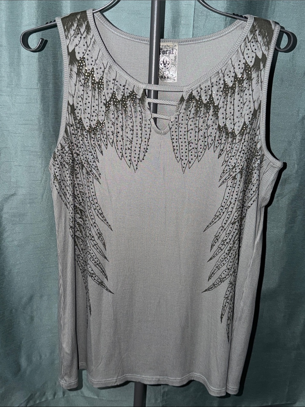 Vocal Light Gray Ribbed Tank with Metallic Wing Design